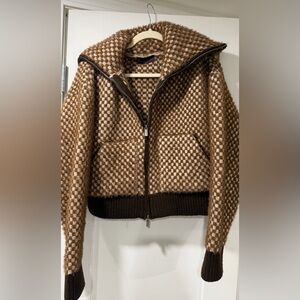 Zara Brown Checkered Faux Fur Bomber Jacket